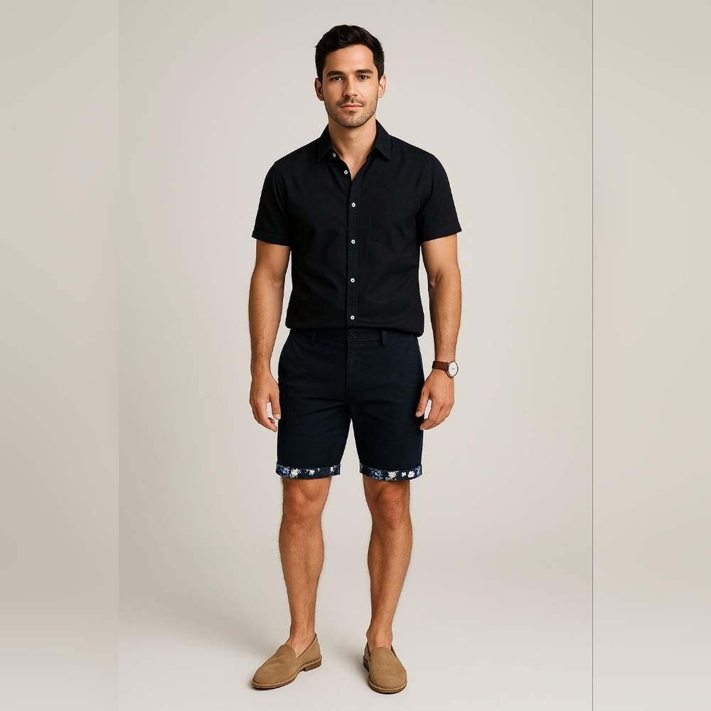 Denim & Flower Ricky Singh Navy Chino Shorts Size 38 Floral Cuff